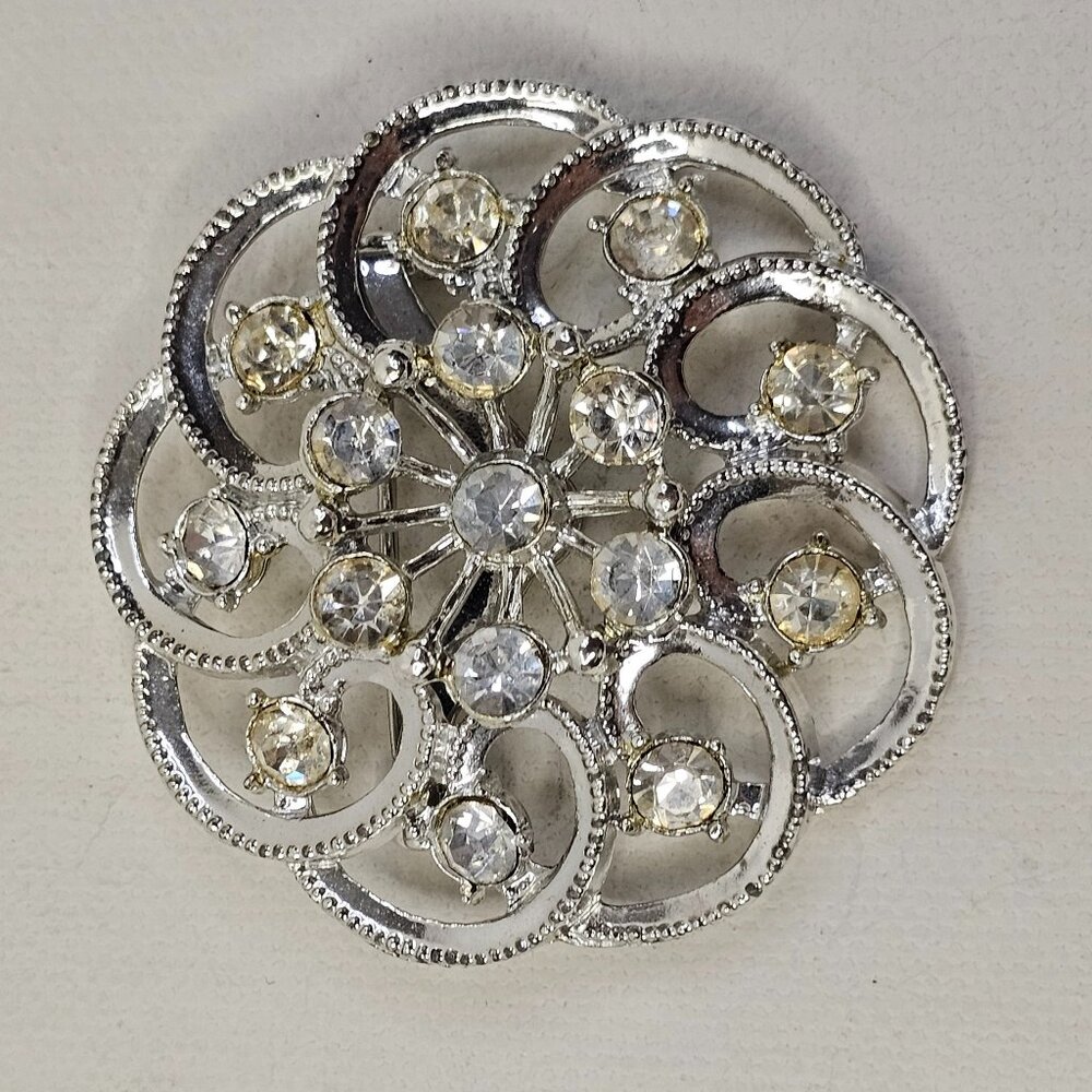 Silver Tone Swirl Flower Rhinestone Brooch Unmarked Pin #2